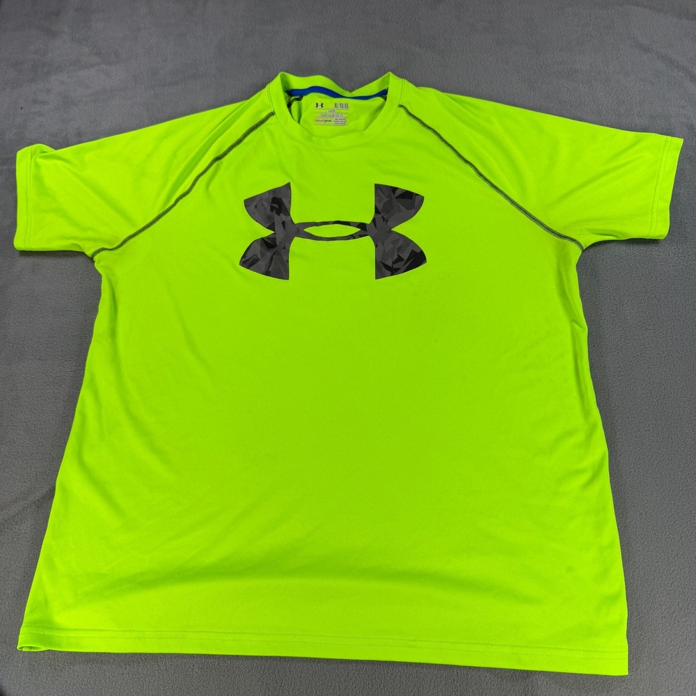 Under Armour HeatGear Mens XL Neon Lime Green Camo Logo Athletic T-Shirt Loose